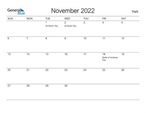 Haiti November 2022 Calendar With Holidays