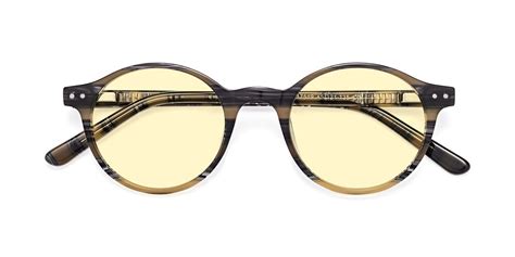 stripe yellow grey narrow acetate round tinted sunglasses with light yellow sunwear lenses 17519