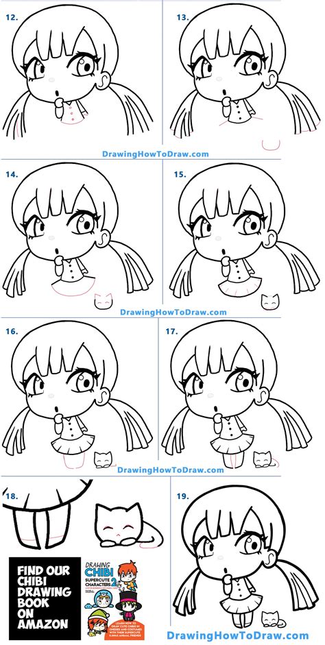 How To Draw A Cute Manga Anime Chibi Girl With Her Kitty Cat Easy Step By Step Drawing