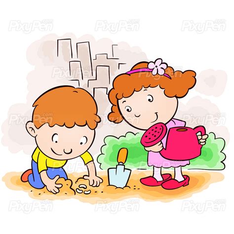 Happy Cute Kids Gardening And Sowing Seeds Vector Cartoon Pixypen