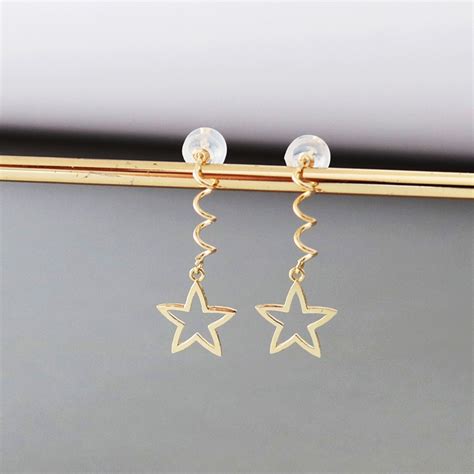 K Solid Gold Dangle Star Earring Womenreal Gold Drop Star Etsy
