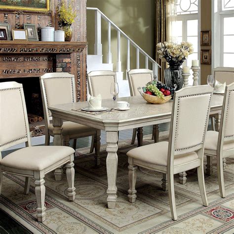 Transitional Antique White And Ivory Solid Wood Dining Room Set 7pcs