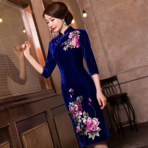 buy chinese style women velvet qipao improved half sleeve flower embroidery