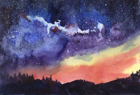 Night Landscape Original Painting Watercolor Starry Sky Galaxy Etsy
