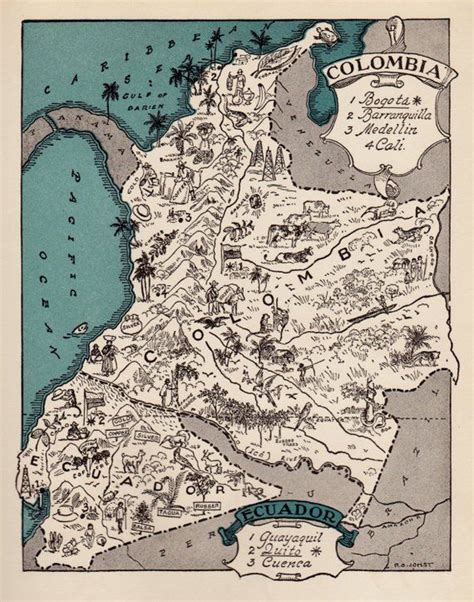 1940s Vintage Colombia Picture Map Of Colombia And Ecuador South America