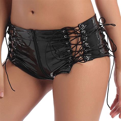 Chictry Womens Wetlook Faux Leather Low Rise Lace Up Tie Side Booty Shorts Clubwear At Amazon