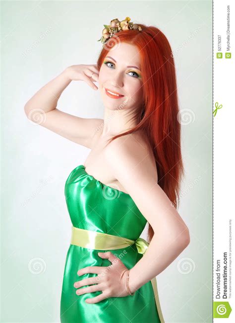 portrait of beautiful red haired girl with flowers in hair stock image image of makeup green