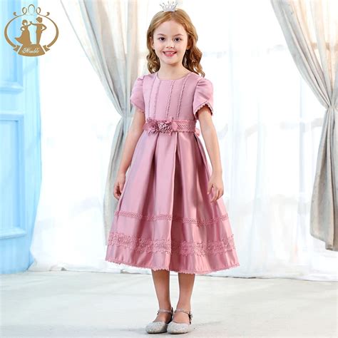 Nimble Girls Elegant Party Princess Dress Teal Color Satin Kids Dresses
