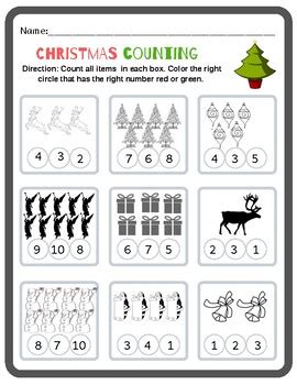 preschool kindergarten counting worksheet christmas tpt