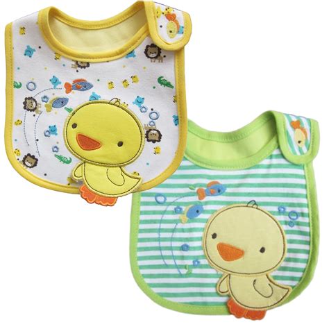 2 Pack Of Baby Waterproof Cotton Bibs With Embroidered Designs