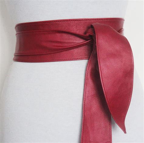 Red Metallic Leather Obi Belt Tulip Tie Sash Belt Leather Tie Belt