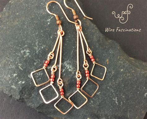 Handmade Copper Earrings Long Diamond Dangles With Metallic Red Beads