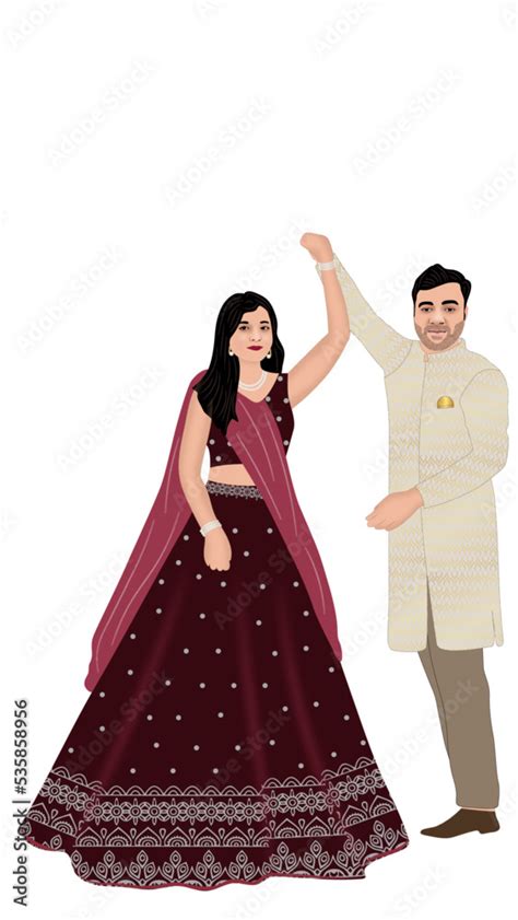 Indian Couple Dancing Caricature Position Indian Wedding Indian Dress