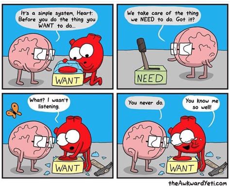 pin by cat mattijetz on memes awkward yeti heart vs brain heart and brain comic