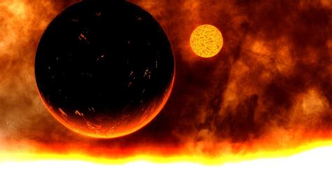 A Molten Moon Orbiting A Terra Just Above The Surface Of A Super Red
