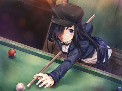 Ikezawa Hanako Katawa Shoujo Game Cg 10s 1girl Billiards Cue Stick Hair Over One Eye