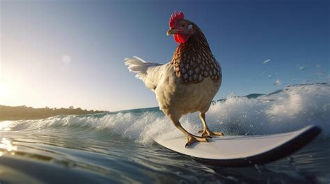 Premium Ai Image A Chicken On A Surfboard In The Water