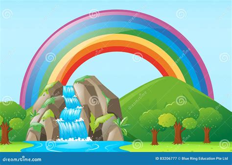 Scene With Waterfall And Rainbow Stock Vector Illustration Of River