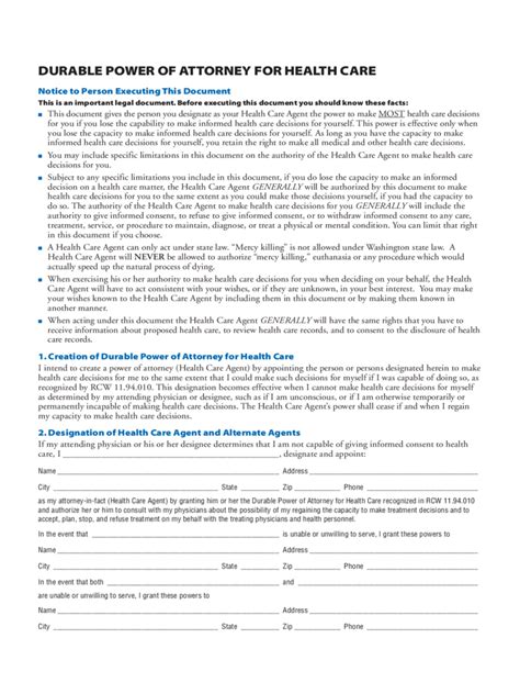 Washington Power Of Attorney Form Free Templates In Pdf Word Excel