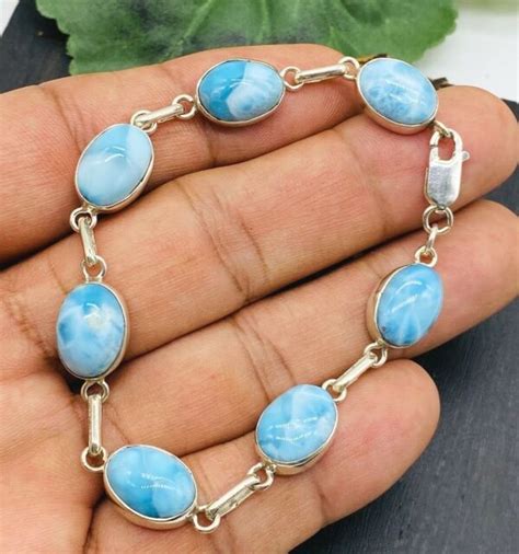 Authentic Dominican Larimar Bracelet 925 Solid Sterling Silver Oval