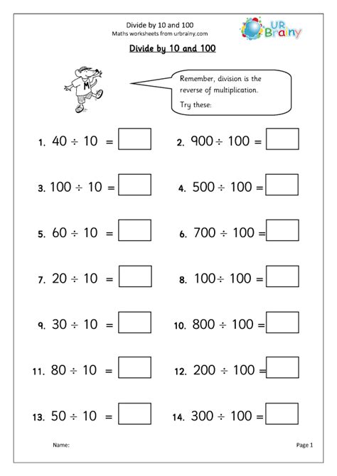 Divide By 10 And 100 Division Maths Worksheets For Year 3 Age 7 8