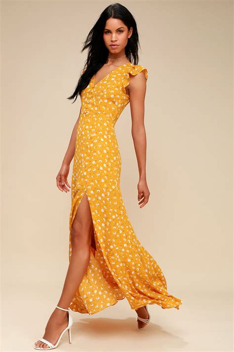 Lovely Mustard Yellow Floral Print Dress Floral Maxi Dress