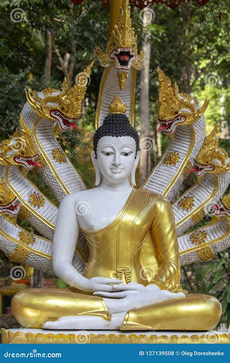 Beautiful Buddha Statue With Naga Heads At Buddhist Temple Thailand