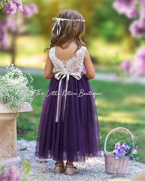 Flower Girl Dress Tulle Flower Girl Dress Purple Flower Girl Dress Rustic Lace Flower Girl