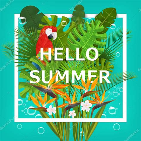 Hello Summer Background With Tropical Plants And Flowers For