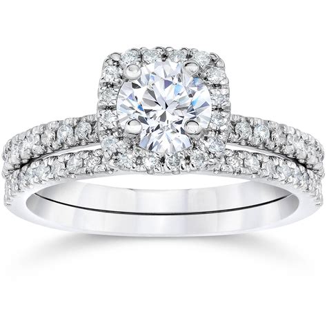 Pompeii3 58ct Cushion Halo Real Diamond Engagement Wedding Ring Set White Gold
