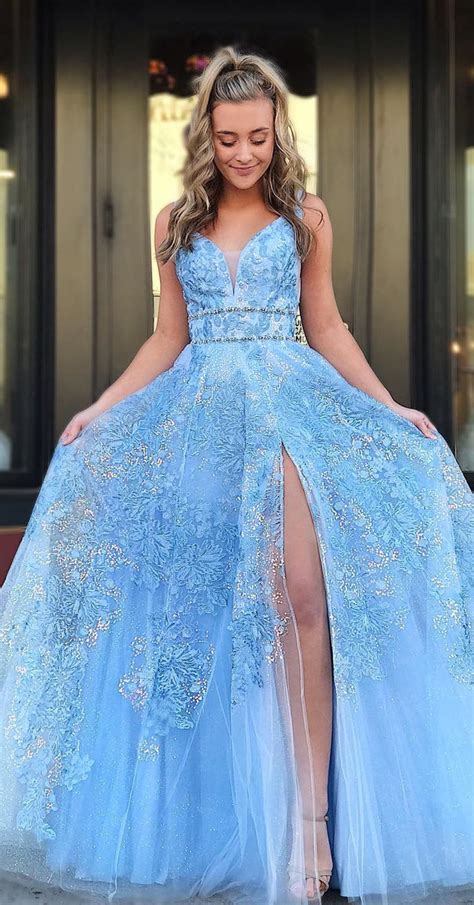 A Line Straps Light Blue Lace Prom Dress With Split Beading Light