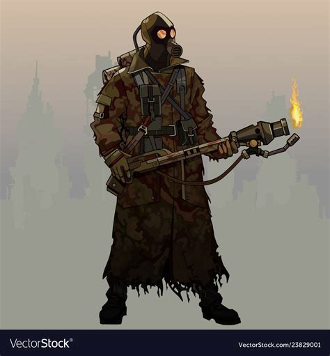 Cartoon Armed Man In Gas Mask And Post Apocalypse Vector Image