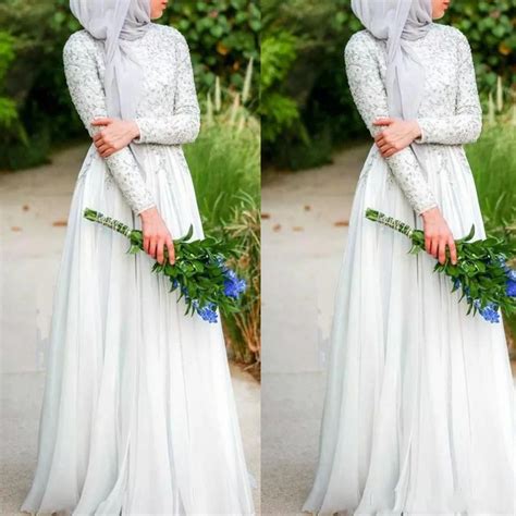 New Arrival Muslim Wedding Dress With Hijab Simple Pure White Beaded Crystal High Neck Long