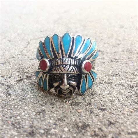 Native American Chief Ring Turquoise Coral And Sterling Silver Us