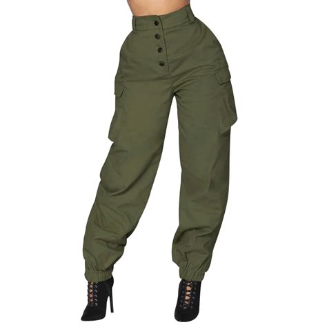 Women High Waist Cargo Pants Fashion Button Pockets Joggers Harem Pants