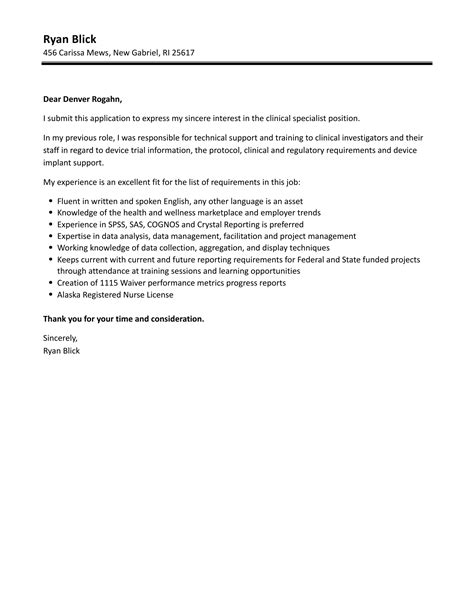 Clinical Specialist Cover Letter Velvet Jobs
