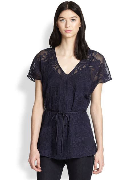 Beyond Vintage Sheer Embroidered Lace Blouse In Blue Lyst