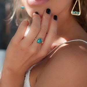 Copper Turquoise Ring Sterling Silver 925 Thin Solitaire Bridal
