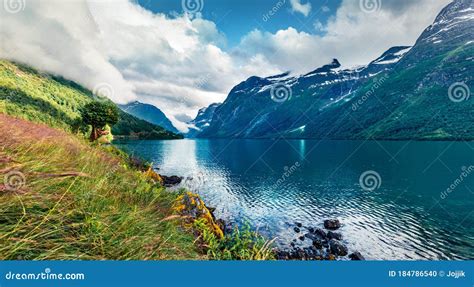 Gloomy Summer View Of Lovatnet Lake Municipality Of Stryn Sogn Og