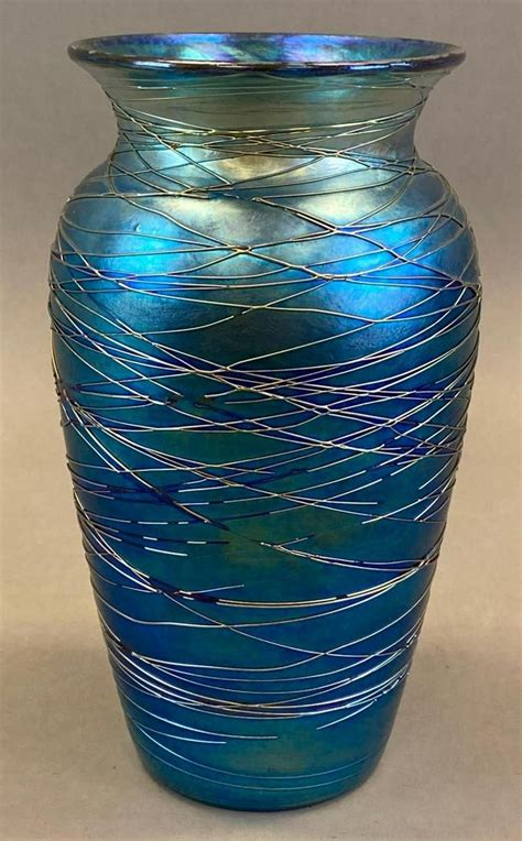 Durand Blue Iridescent Threaded Art Glass Vase Auction