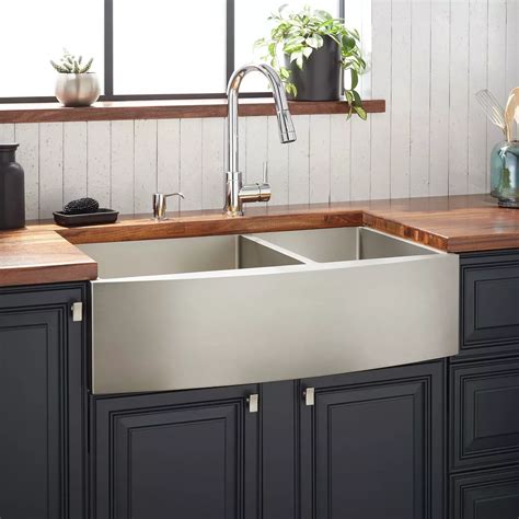 33 Atlas 60 40 Offset Double Bowl Stainless Steel Farmhouse Sink Curved