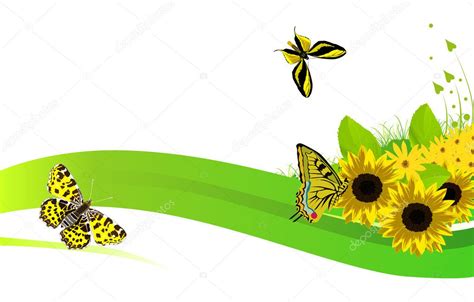 Sunflowers And Yellow Butterflies In Green Grass — Stock Vector © Dr