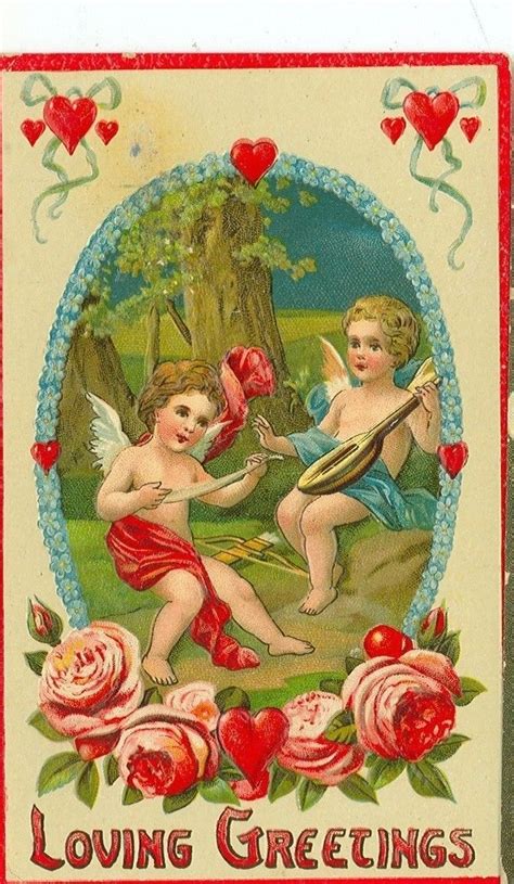 Vintage Valentine Greeting Cupids Folk Art Stringed Instrument 1910 Mc19