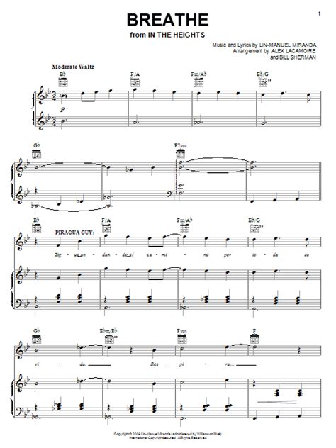 Lin Manuel Miranda Breathe From In The Heights The Musical Sheet