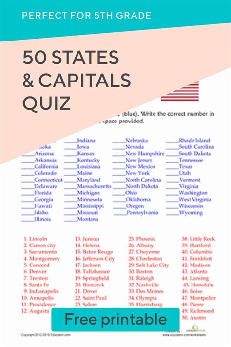 50 States And Capitals Quiz Worksheet States And