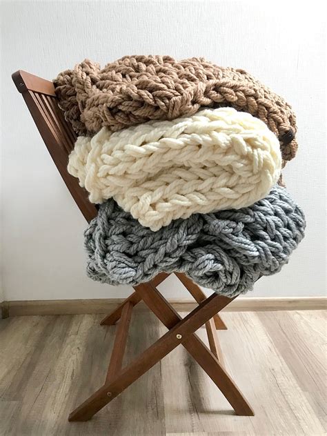 Beige Chunky Knit Blanket Giant Knitted Blanket Large Bulky Etsy
