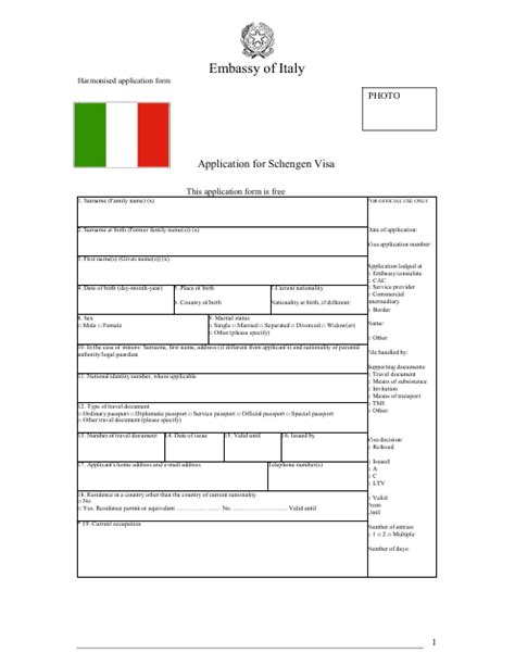 Italian Application For Schengen Visa Embassy Of Italy Fill Out