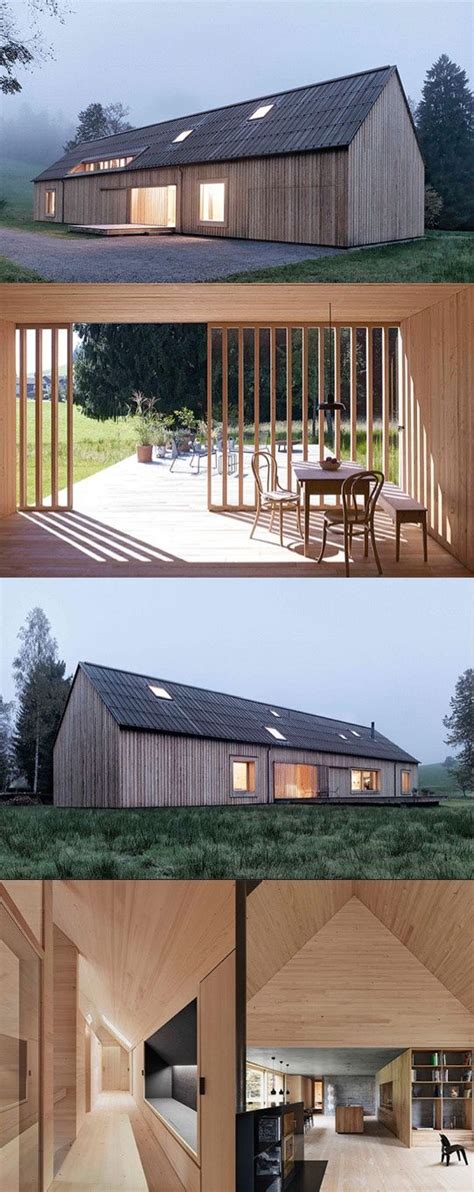 Three Different Views Of The Inside And Outside Of A House With Wood