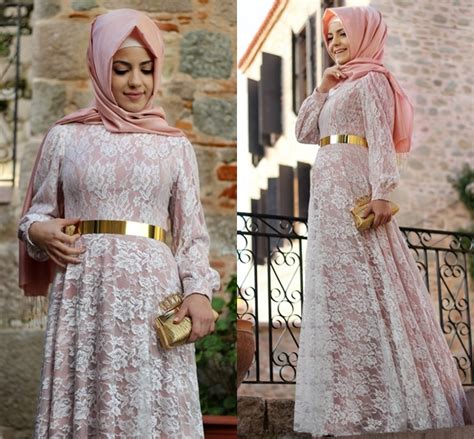 Pink Lace Muslim Evening Dress Floor Length Full Sleeves Sash Long