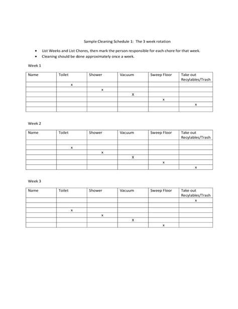 Download a free schedule template for school, business, or family to keep everything on track. Sample Cleaning Schedule - The 3 Week Rotation Free Download